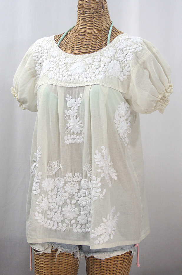 "La Mariposa Corta" Embroidered Mexican Style Peasant Top - Off White + White