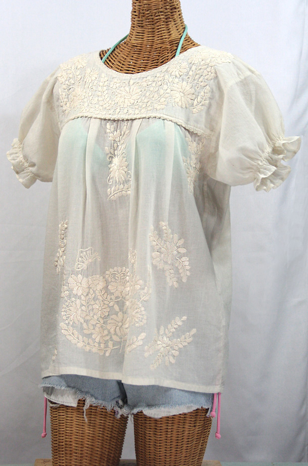 "La Mariposa Corta" Embroidered Mexican Style Peasant Top - All Off White