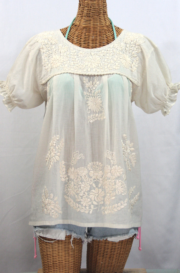 "La Mariposa Corta" Embroidered Mexican Style Peasant Top - All Off White