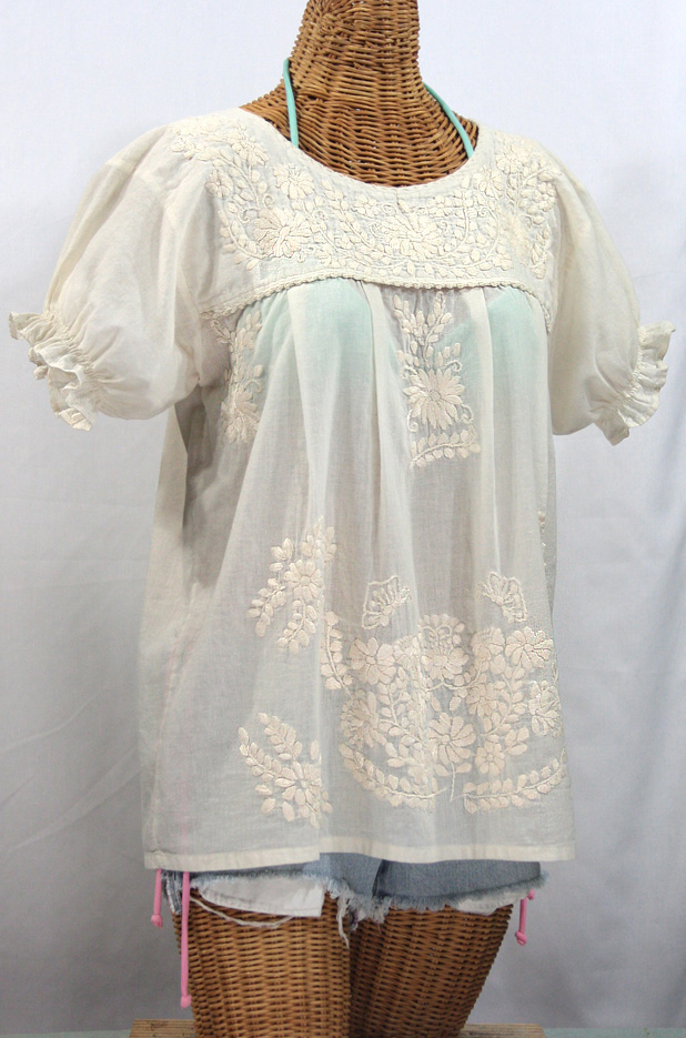 "La Mariposa Corta" Embroidered Mexican Style Peasant Top - All Off White