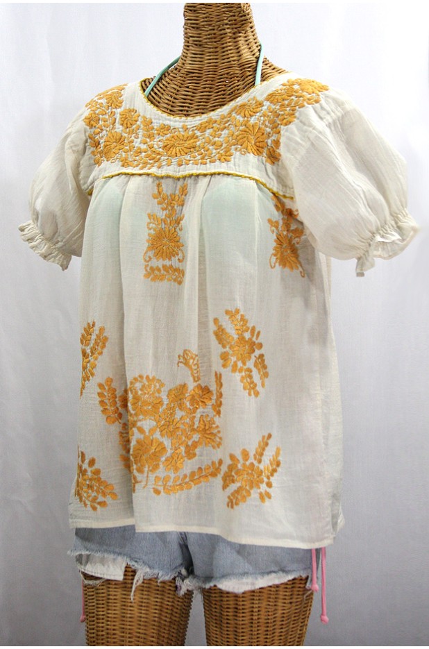 "La Mariposa Corta de Color" Embroidered Mexican Blouse - Off White + Goldenrod