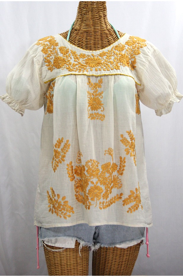 "La Mariposa Corta de Color" Embroidered Mexican Blouse - Off White + Goldenrod