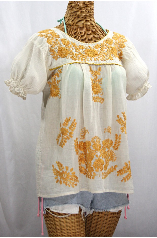 "La Mariposa Corta de Color" Embroidered Mexican Blouse - Off White + Goldenrod