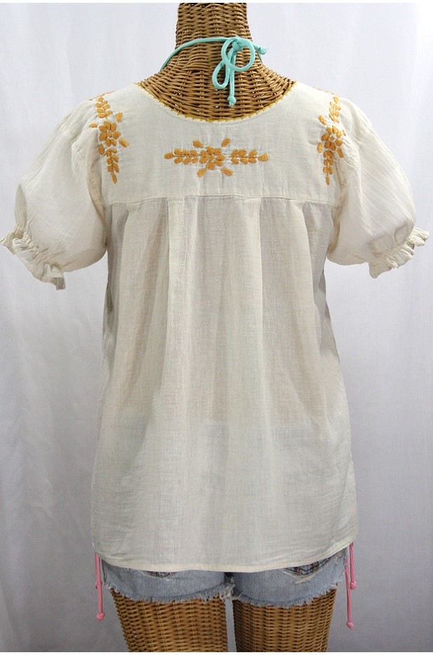 "La Mariposa Corta de Color" Embroidered Mexican Blouse - Off White + Goldenrod