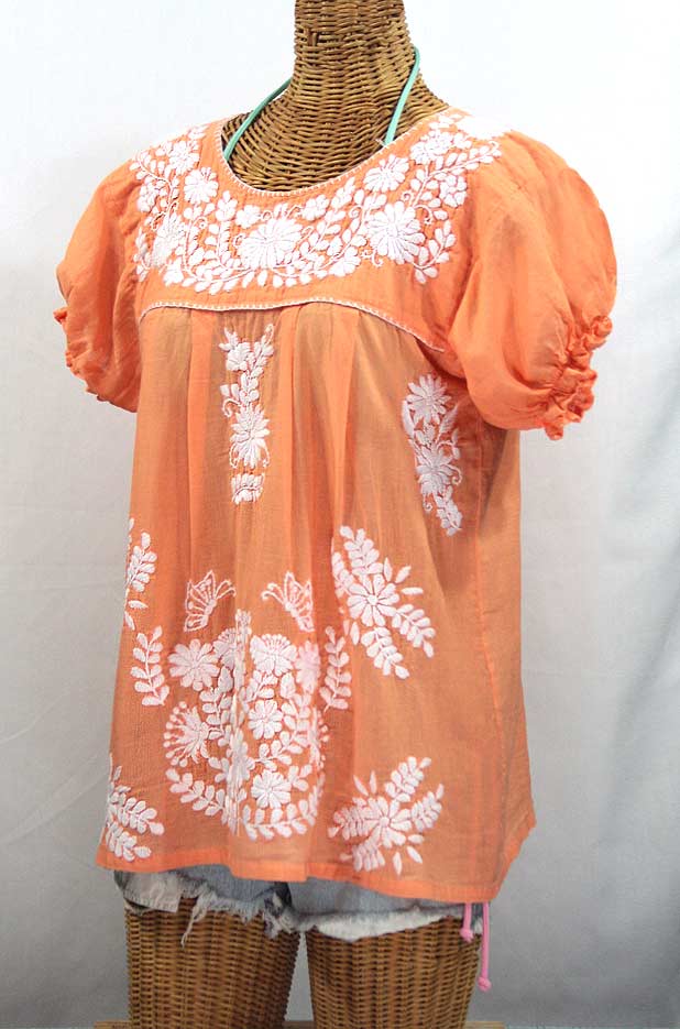 "La Mariposa Corta" Embroidered Mexican Style Peasant Top - Orange Cream