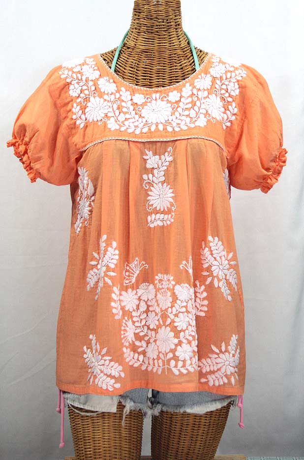 "La Mariposa Corta" Embroidered Mexican Style Peasant Top - Orange Cream