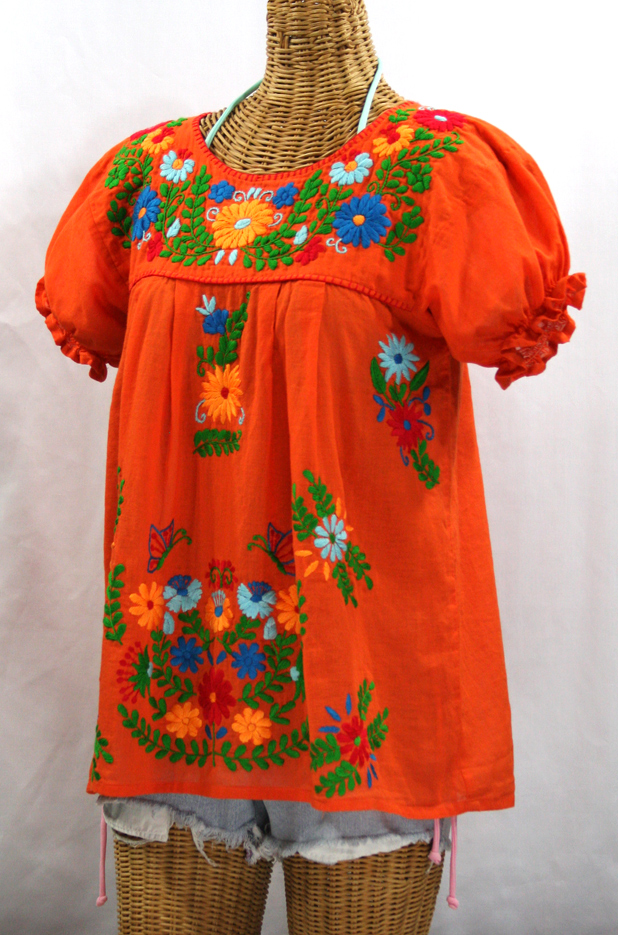"La Mariposa Corta de Color" Embroidered Mexican Blouse - Orange + Fiesta