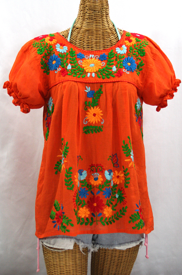 "La Mariposa Corta de Color" Embroidered Mexican Blouse - Orange + Fiesta