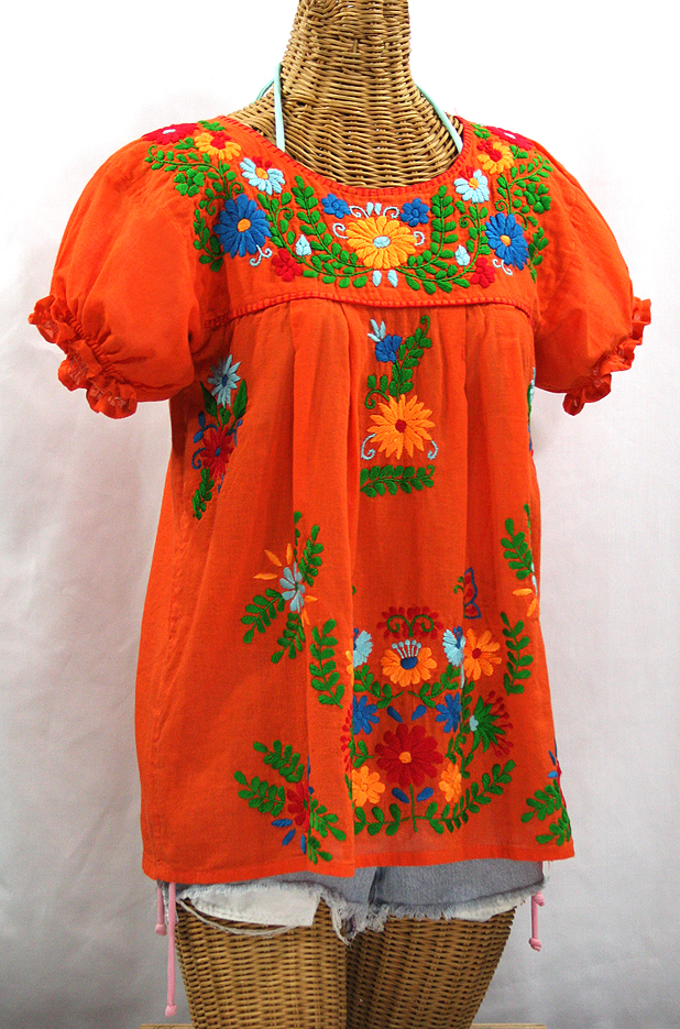 "La Mariposa Corta de Color" Embroidered Mexican Blouse - Orange + Fiesta
