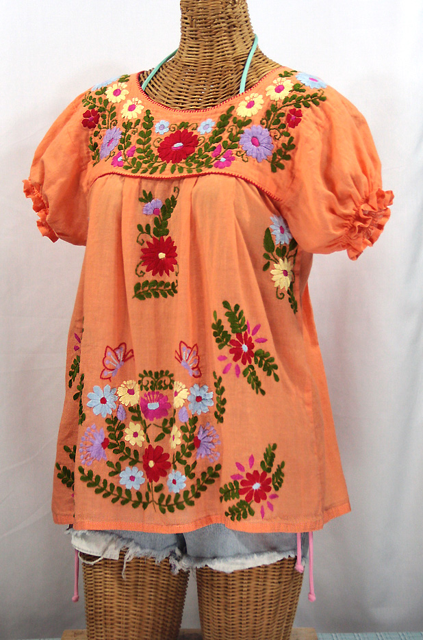 "La Mariposa Corta de Color" Embroidered Mexican Peasant Blouse - Orange Cream