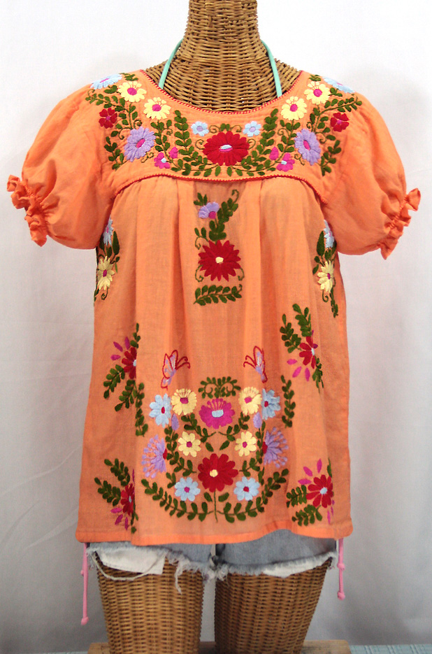 "La Mariposa Corta de Color" Embroidered Mexican Peasant Blouse - Orange Cream