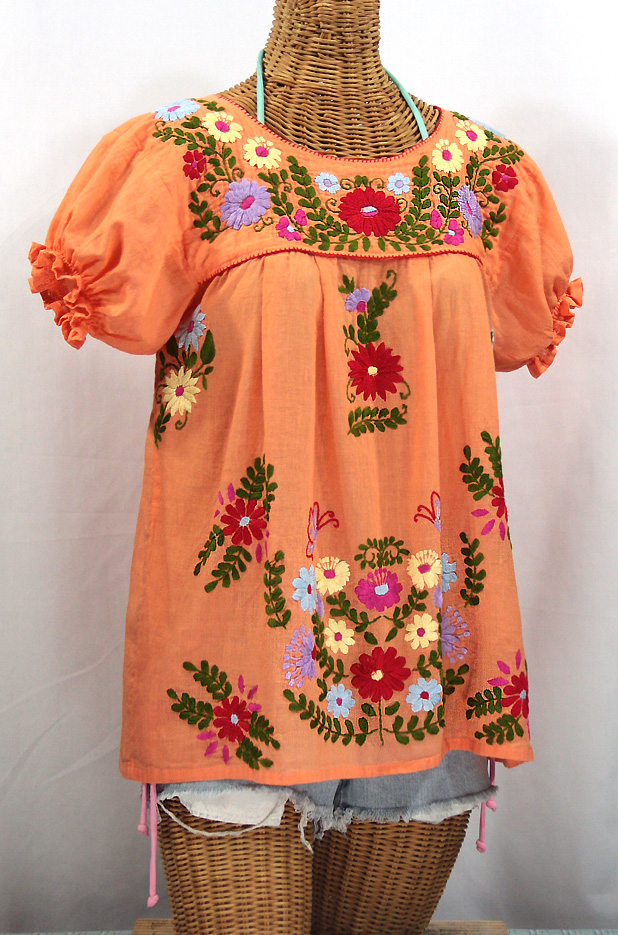 "La Mariposa Corta de Color" Embroidered Mexican Peasant Blouse - Orange Cream