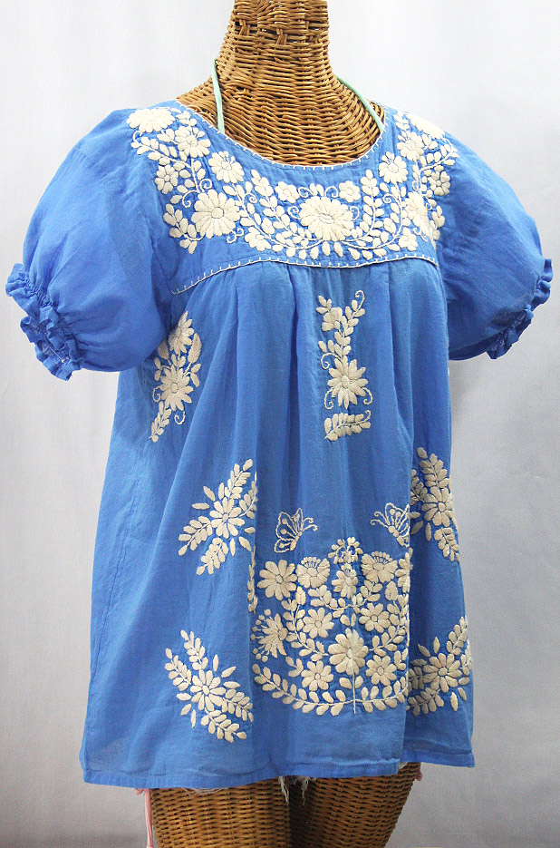 "La Mariposa Corta de Color" Embroidered Mexican Blouse - Light Blue + Cream