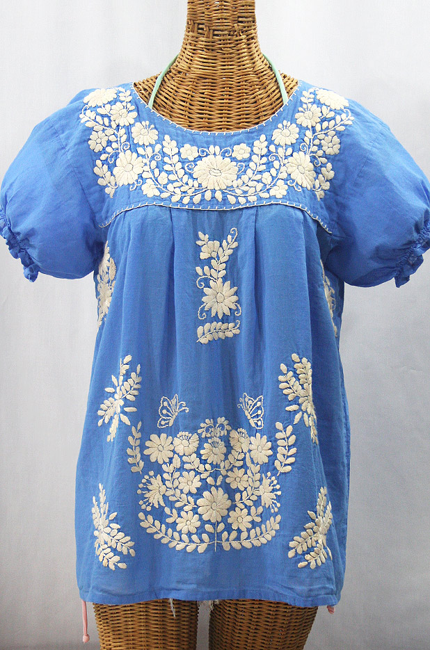 "La Mariposa Corta de Color" Embroidered Mexican Blouse - Light Blue + Cream