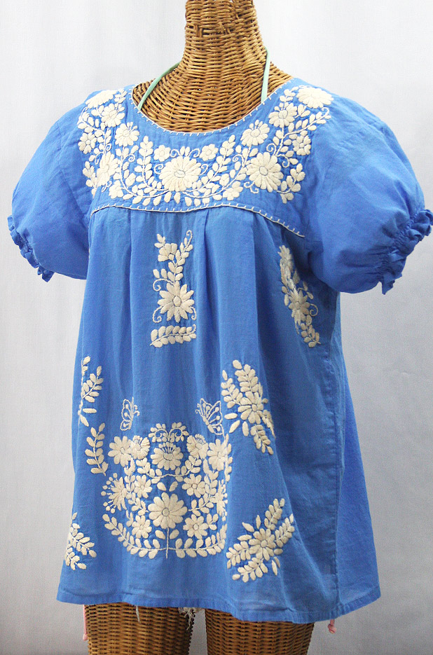 "La Mariposa Corta de Color" Embroidered Mexican Blouse - Light Blue + Cream