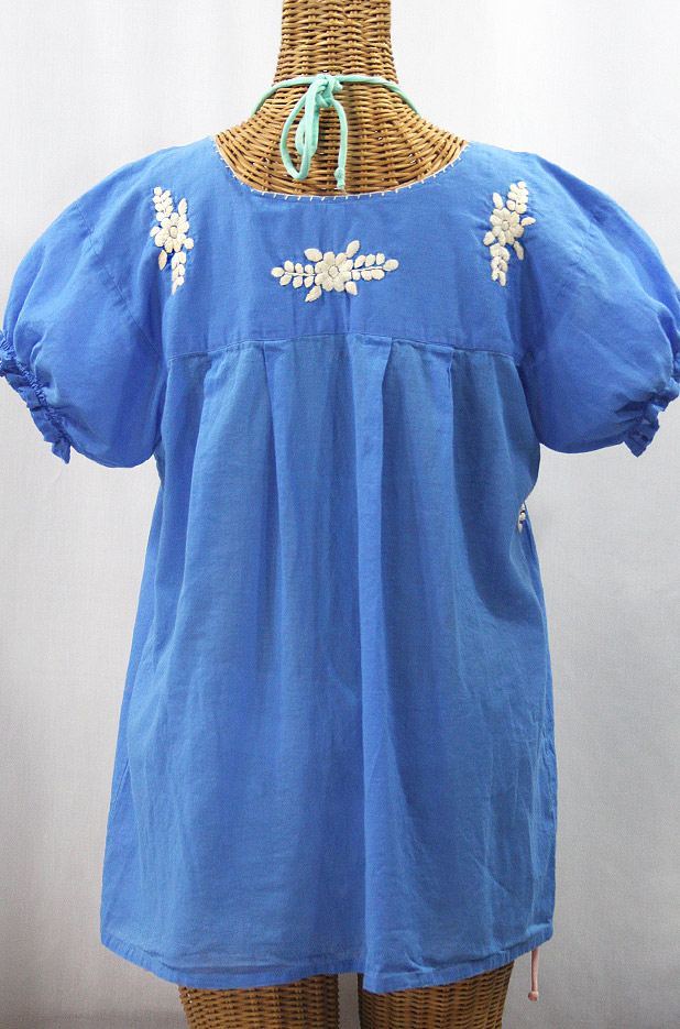 "La Mariposa Corta de Color" Embroidered Mexican Blouse - Light Blue + Cream