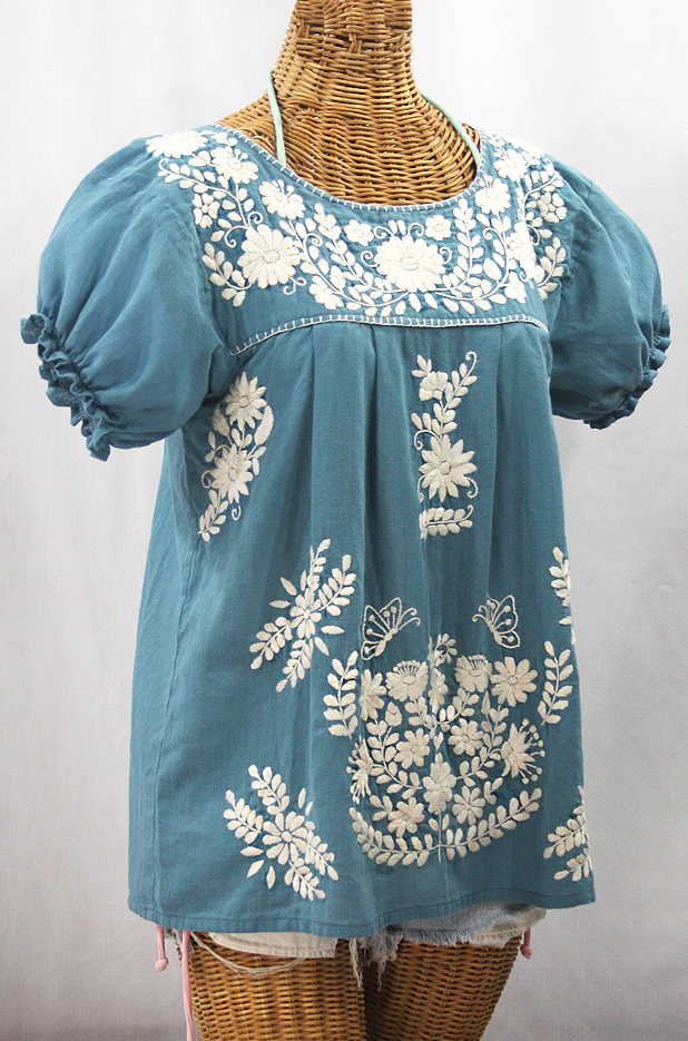 "La Mariposa Corta de Color" Embroidered Mexican Blouse - Pool Blue + Cream