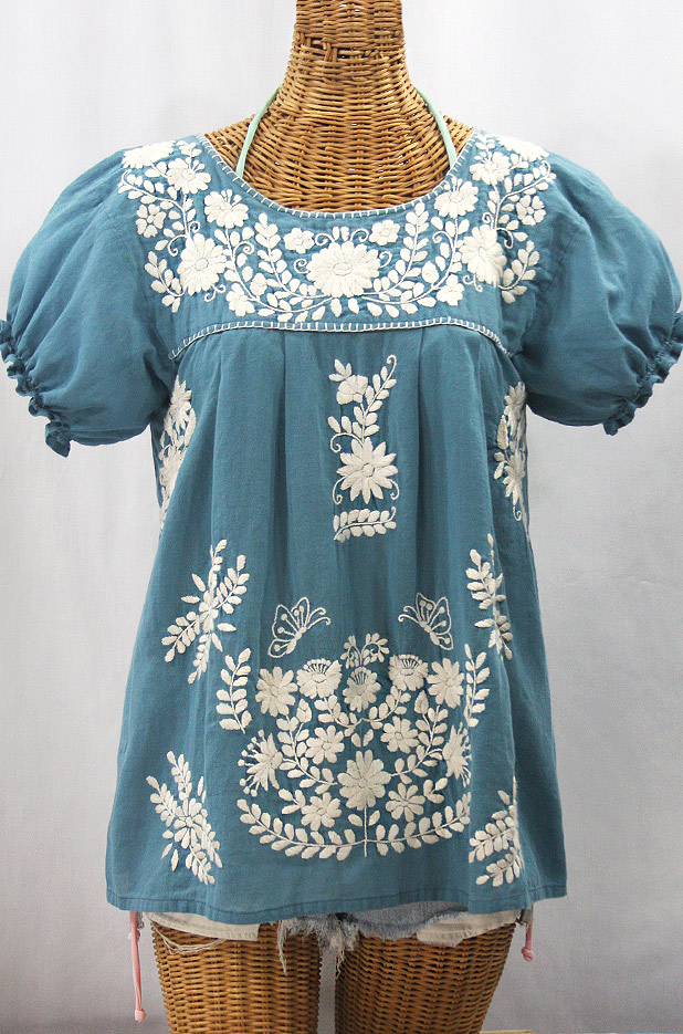 "La Mariposa Corta de Color" Embroidered Mexican Blouse - Pool Blue + Cream