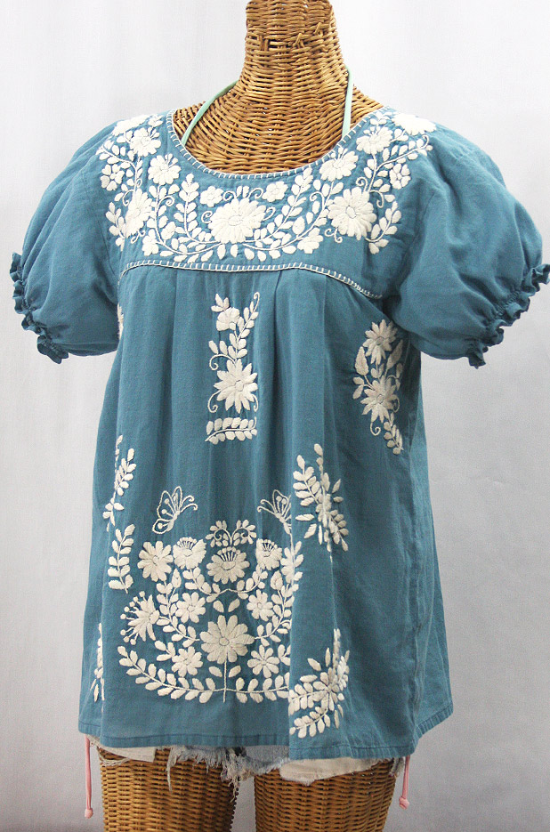 "La Mariposa Corta de Color" Embroidered Mexican Blouse - Pool Blue + Cream