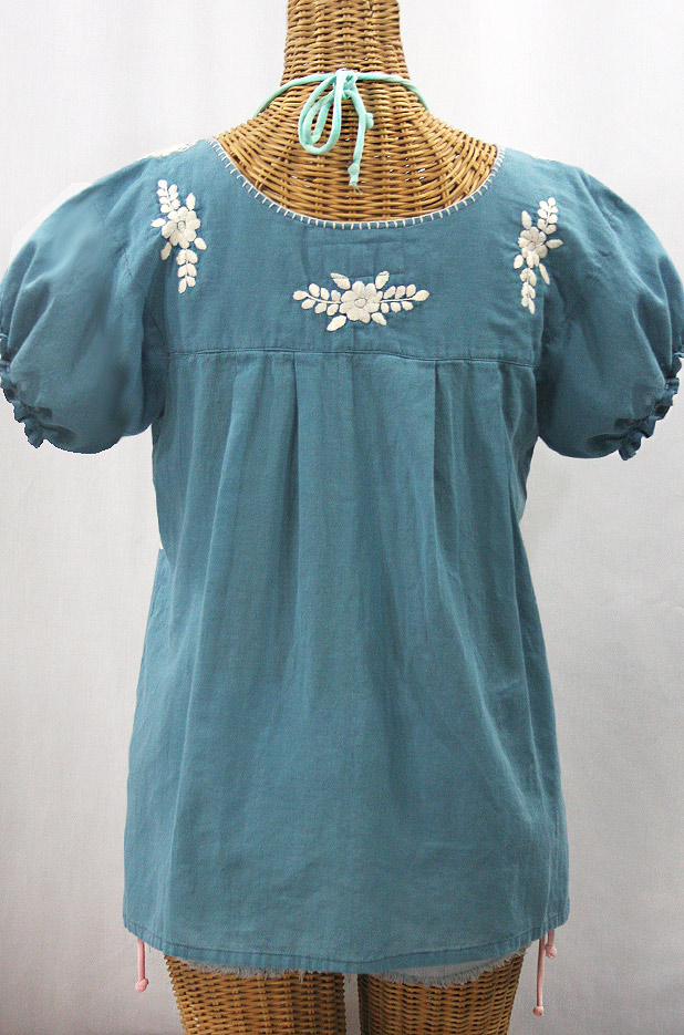 "La Mariposa Corta de Color" Embroidered Mexican Blouse - Pool Blue + Cream