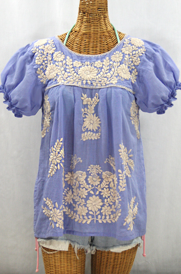 "La Mariposa Corta de Color" Embroidered Mexican Blouse - Periwinkle + Cream