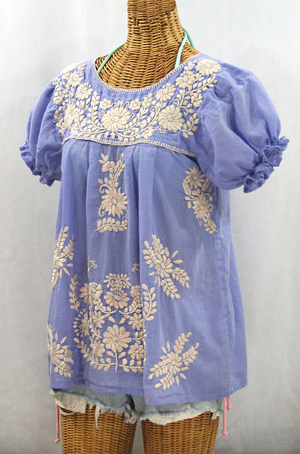 "La Mariposa Corta de Color" Embroidered Mexican Blouse - Periwinkle + Cream