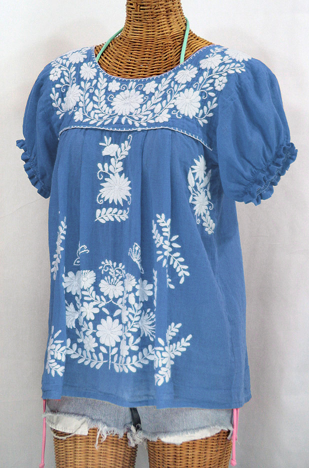 "La Mariposa Corta" Embroidered Mexican Style Peasant Top - Light Blue