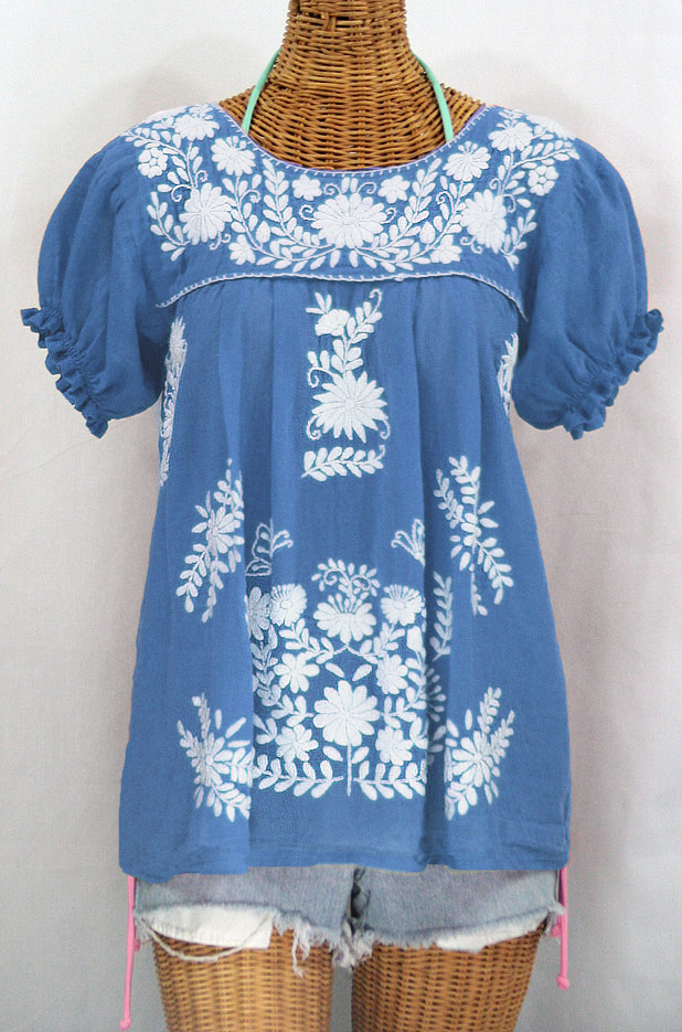 "La Mariposa Corta" Embroidered Mexican Style Peasant Top - Light Blue