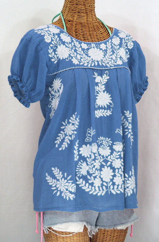 "La Mariposa Corta" Embroidered Mexican Style Peasant Top - Light Blue