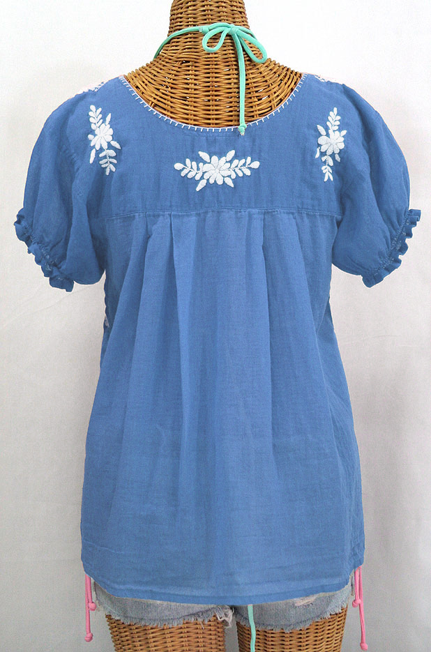 "La Mariposa Corta" Embroidered Mexican Style Peasant Top - Light Blue