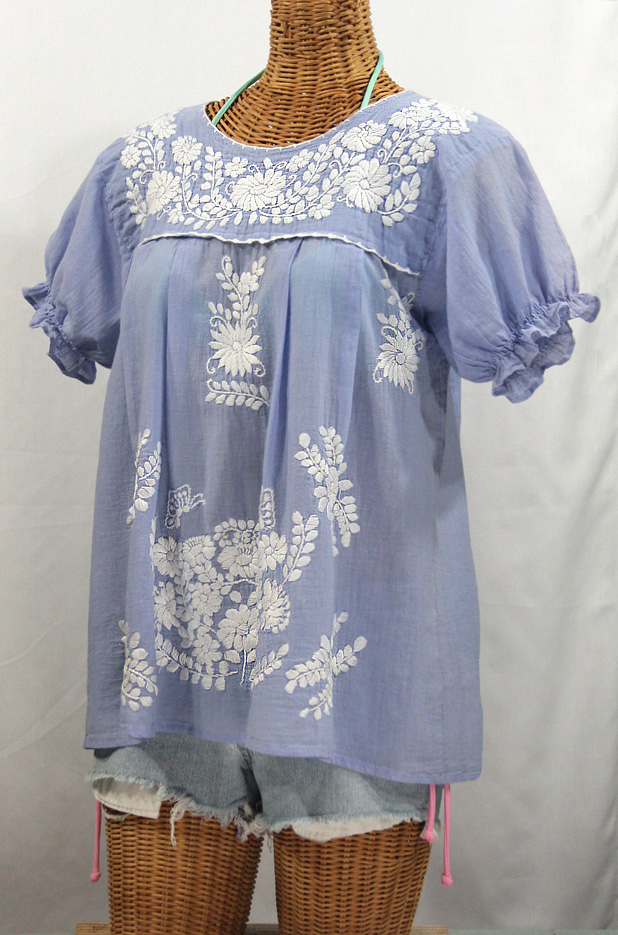 "La Mariposa Corta" Embroidered Mexican Style Peasant Top - Periwinkle