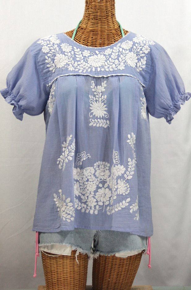 "La Mariposa Corta" Embroidered Mexican Style Peasant Top - Periwinkle