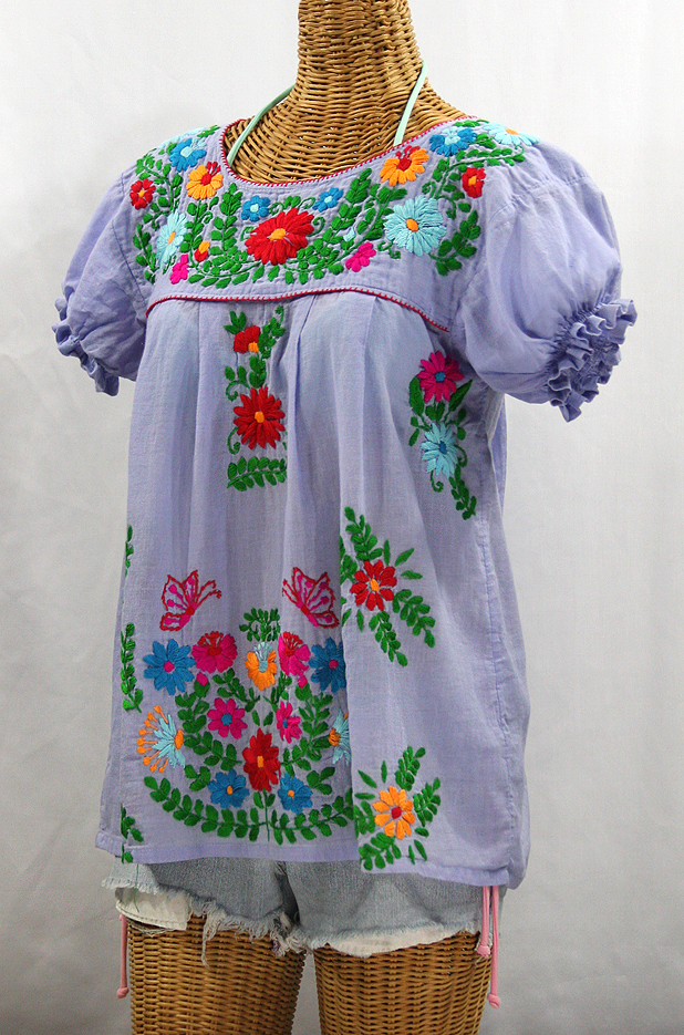 "La Mariposa Corta de Color" Embroidered Mexican Blouse - Periwinkle + Fiesta