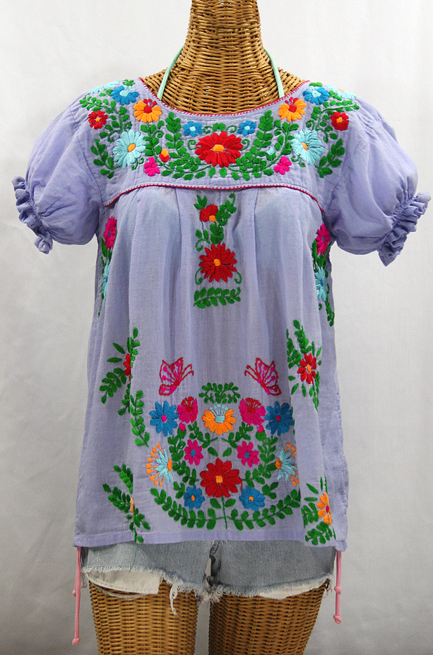 "La Mariposa Corta de Color" Embroidered Mexican Blouse - Periwinkle + Fiesta