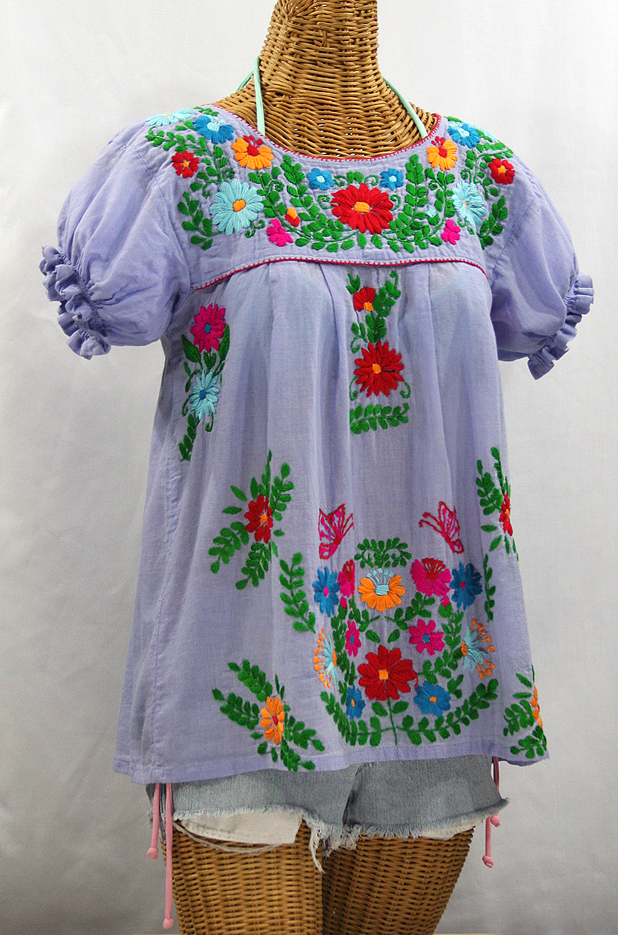 "La Mariposa Corta de Color" Embroidered Mexican Blouse - Periwinkle + Fiesta