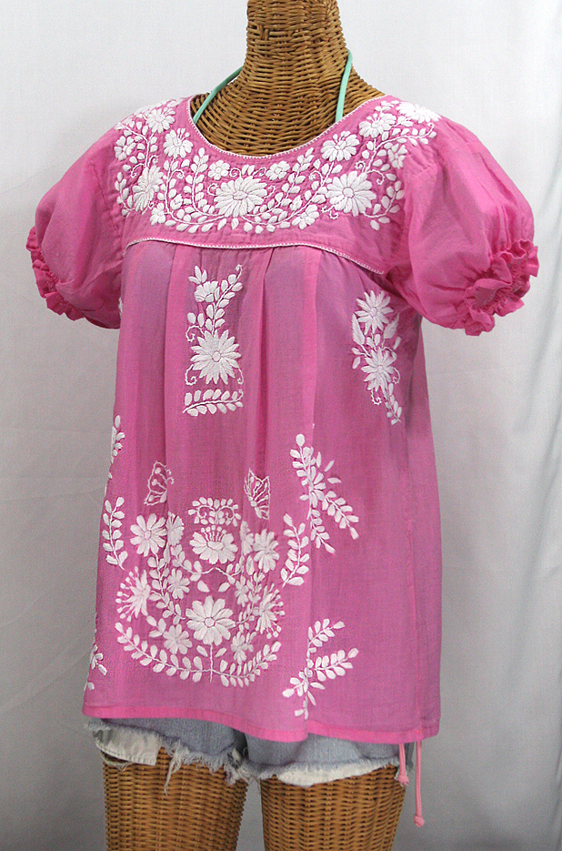 "La Mariposa Corta" Embroidered Mexican Style Peasant Top - Bubblegum Pink