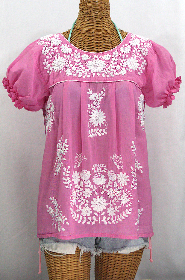 "La Mariposa Corta" Embroidered Mexican Style Peasant Top - Bubblegum Pink