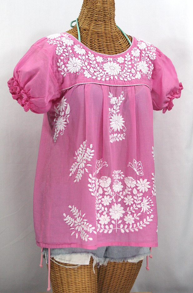 "La Mariposa Corta" Embroidered Mexican Style Peasant Top - Bubblegum Pink