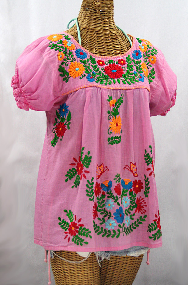 "La Mariposa Corta de Color" Embroidered Mexican Blouse - Bubblegum Pink + Fiesta