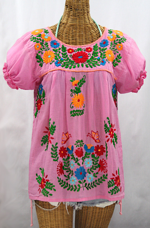 "La Mariposa Corta de Color" Embroidered Mexican Blouse - Bubblegum Pink + Fiesta