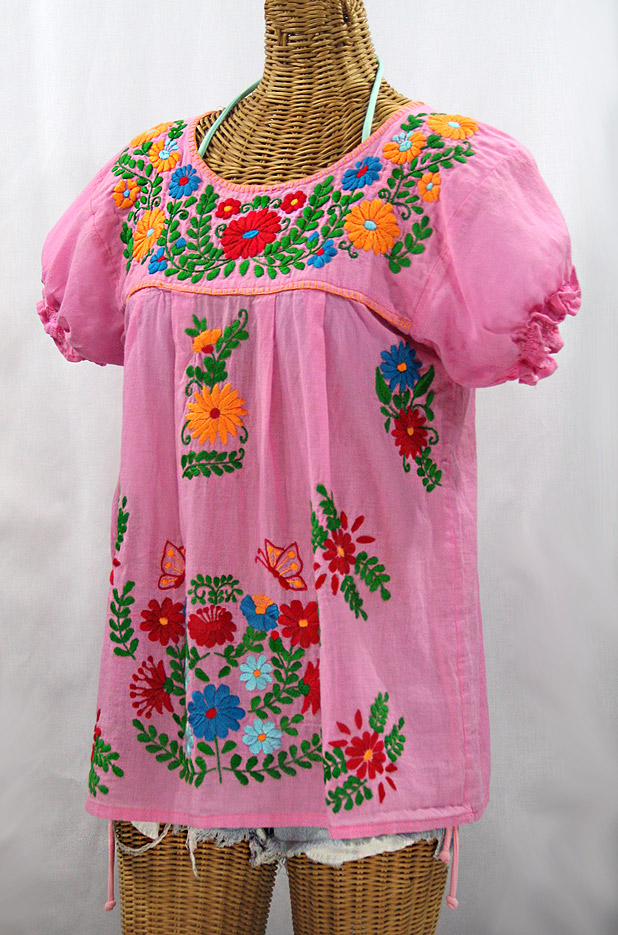 "La Mariposa Corta de Color" Embroidered Mexican Blouse - Bubblegum Pink + Fiesta