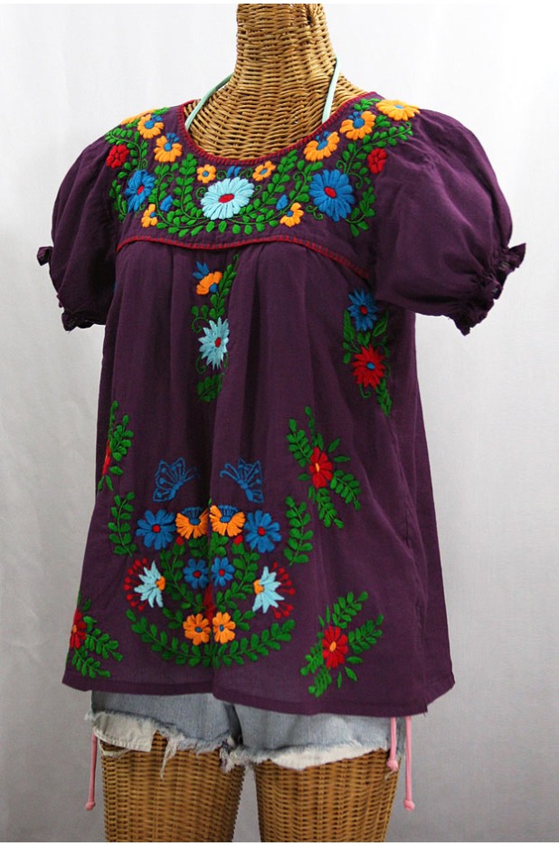 "La Mariposa Corta de Color" Embroidered Mexican Blouse - Plum + Fiesta
