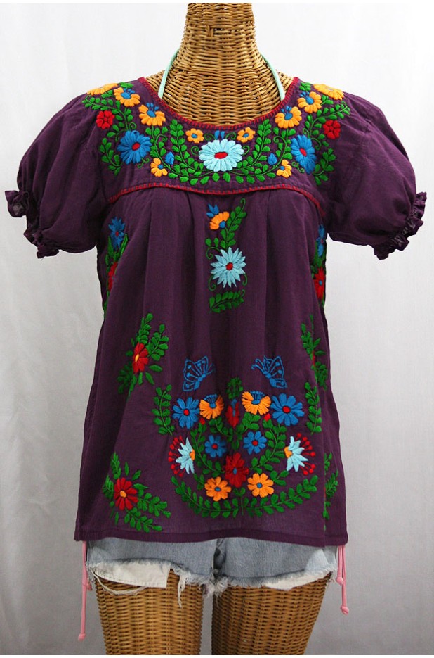 "La Mariposa Corta de Color" Embroidered Mexican Blouse - Plum + Fiesta