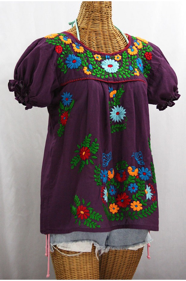 "La Mariposa Corta de Color" Embroidered Mexican Blouse - Plum + Fiesta