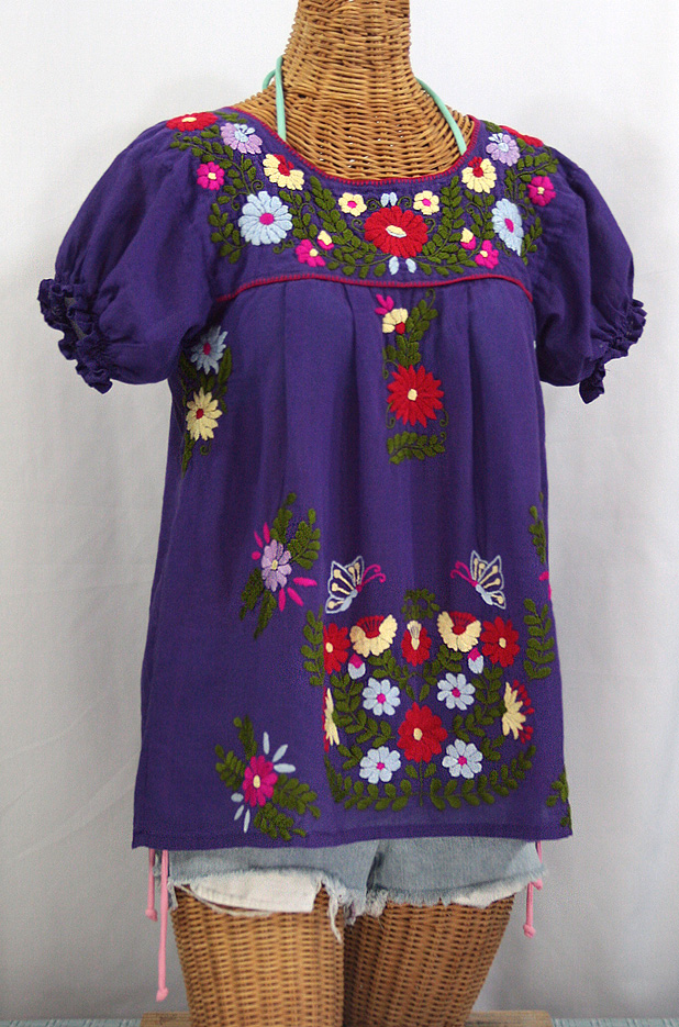 "La Mariposa Corta de Color" Embroidered Mexican Peasant Blouse - Purple