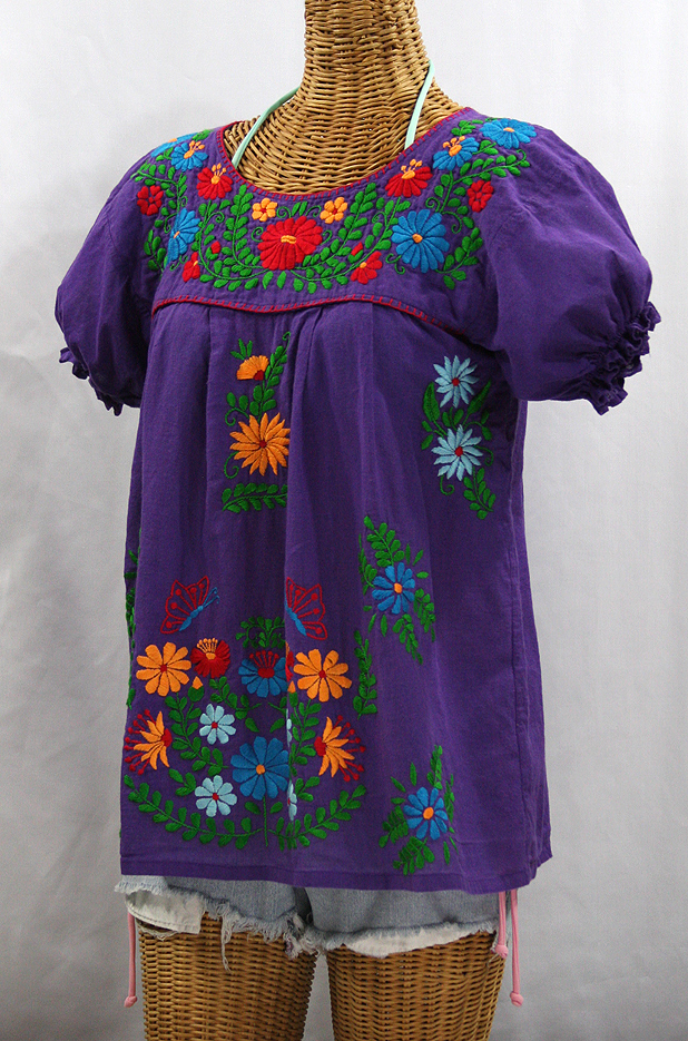 "La Mariposa Corta de Color" Embroidered Mexican Blouse - Purple + Fiesta