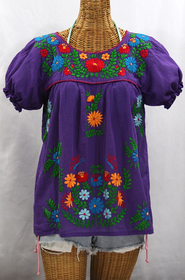 "La Mariposa Corta de Color" Embroidered Mexican Blouse - Purple + Fiesta