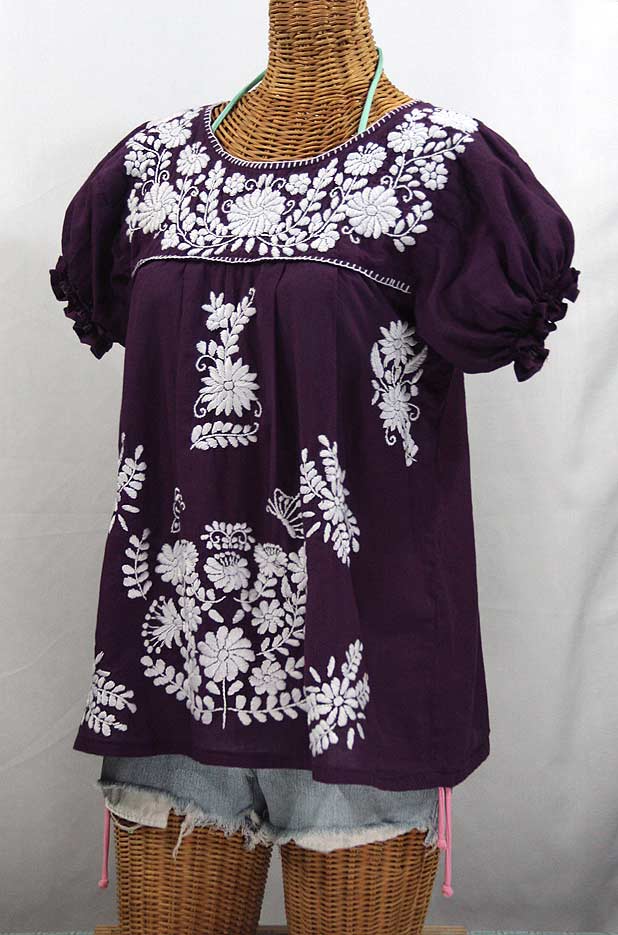 "La Mariposa Corta" Embroidered Mexican Style Peasant Top - Plum