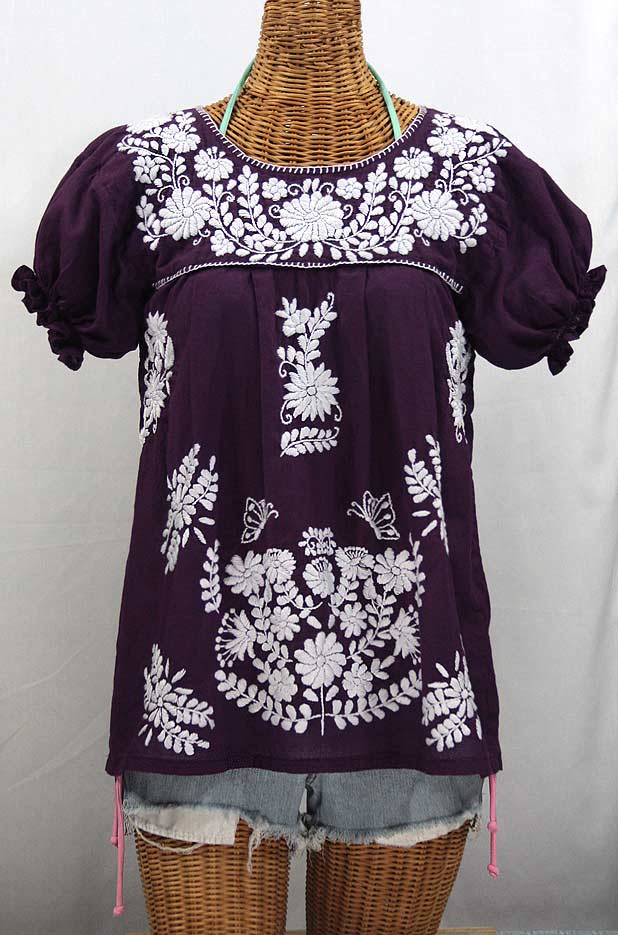 "La Mariposa Corta" Embroidered Mexican Style Peasant Top - Plum