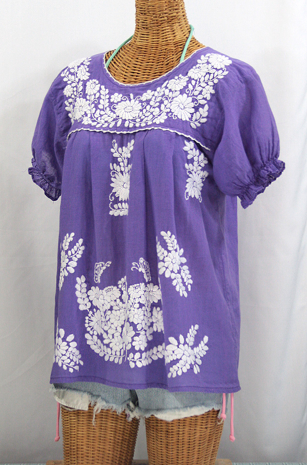 "La Mariposa Corta" Embroidered Mexican Style Peasant Top - Purple